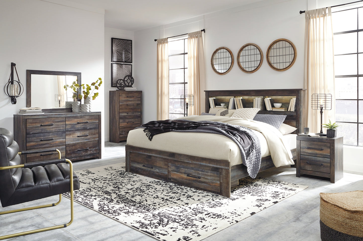 Drystan Bookcase Bed With 2 Storage Drawers With Mirrored Dresser And Chest