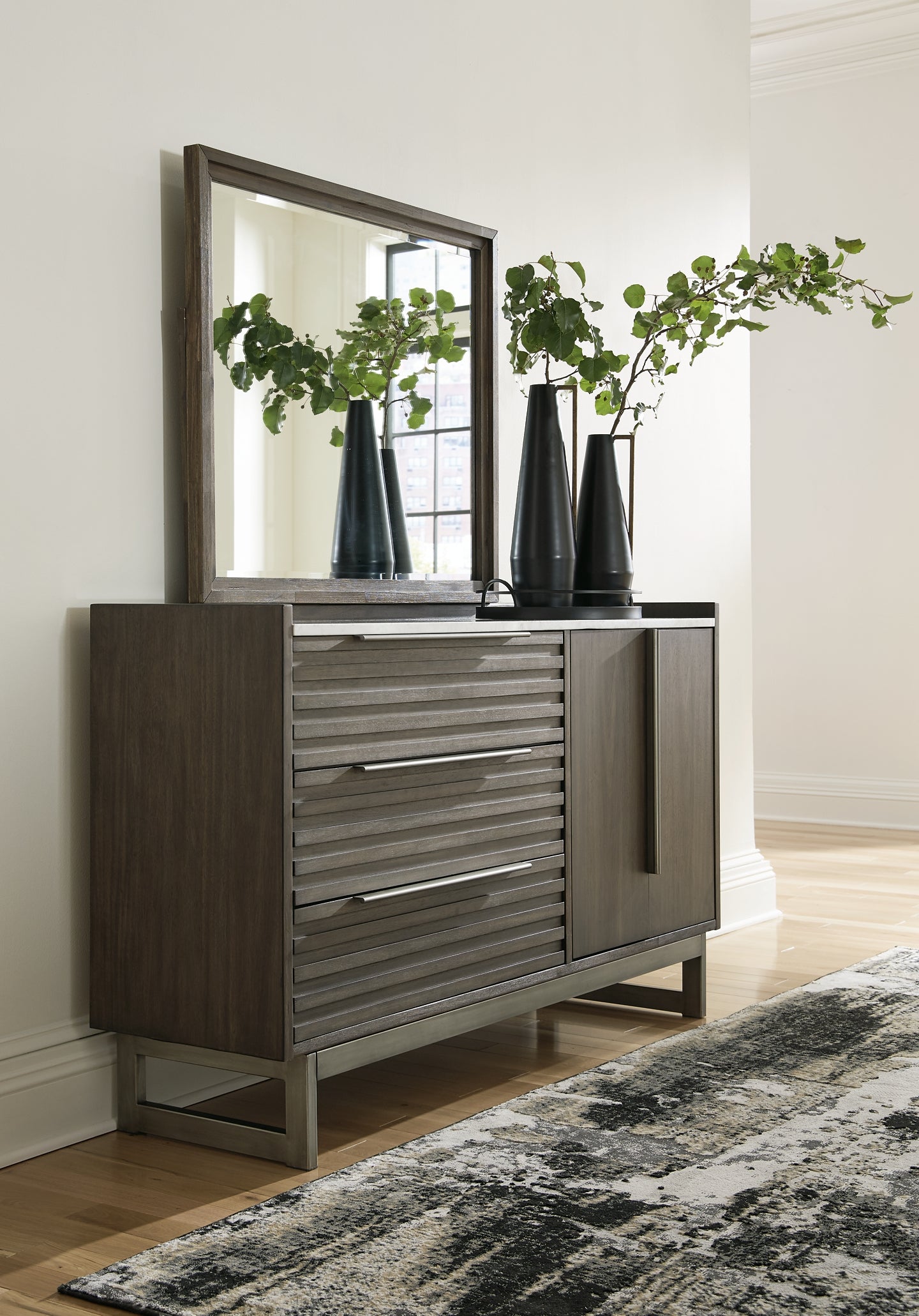 Arkenton California King Panel Bed with Mirrored Dresser