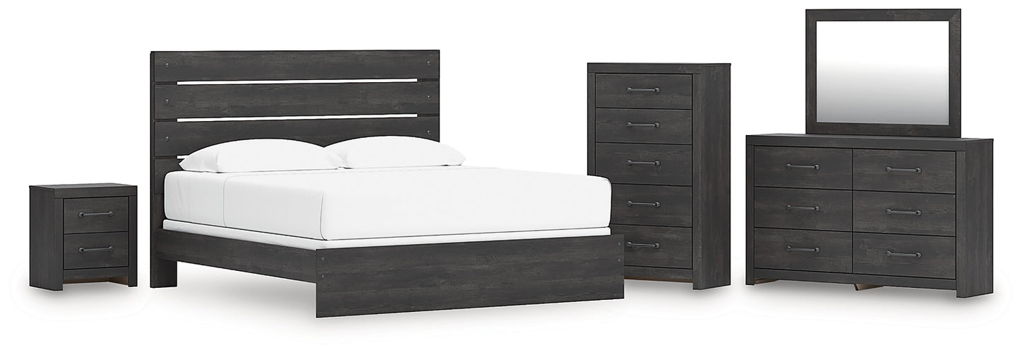 Hollivern King Panel Bed with Mirrored Dresser, Chest and Nightstand
