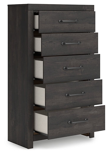 Hollivern King Panel Bed with Mirrored Dresser, Chest and Nightstand