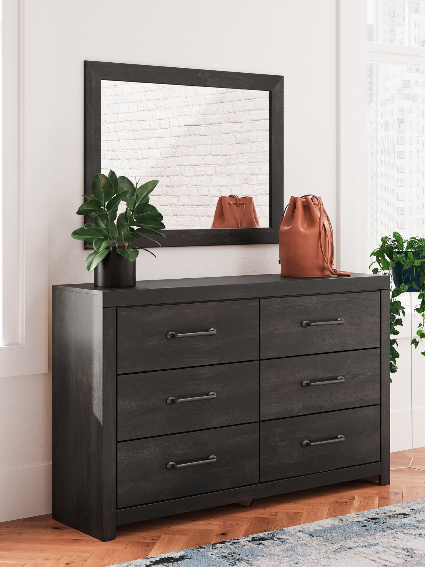 Hollivern King Panel Bed with Mirrored Dresser, Chest and Nightstand