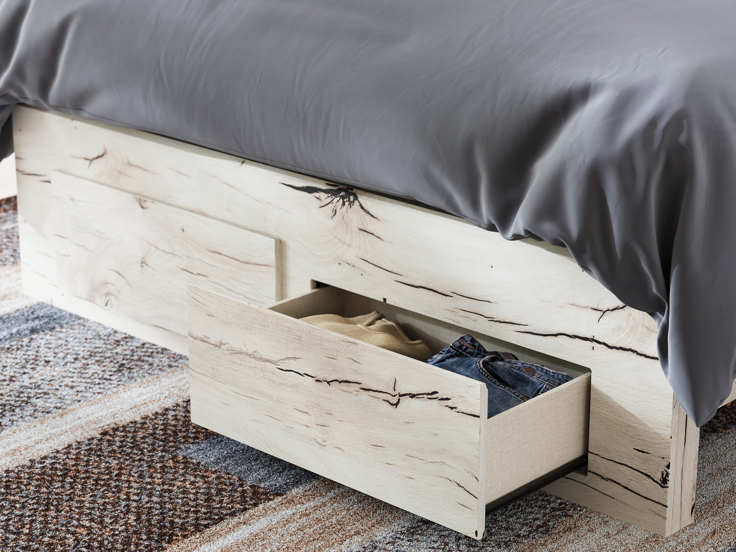 Queen Panel Storage Bed with Mirrored Dresser, Chest and Nightstand