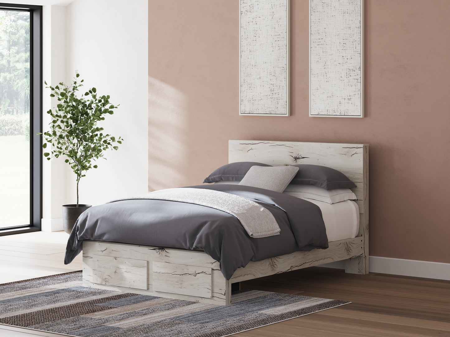 Queen Panel Storage Bed with Mirrored Dresser and Chest
