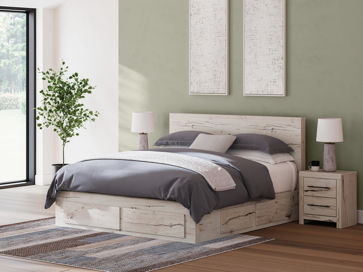 King Panel Storage Bed with Mirrored Dresser, Chest and Nightstand