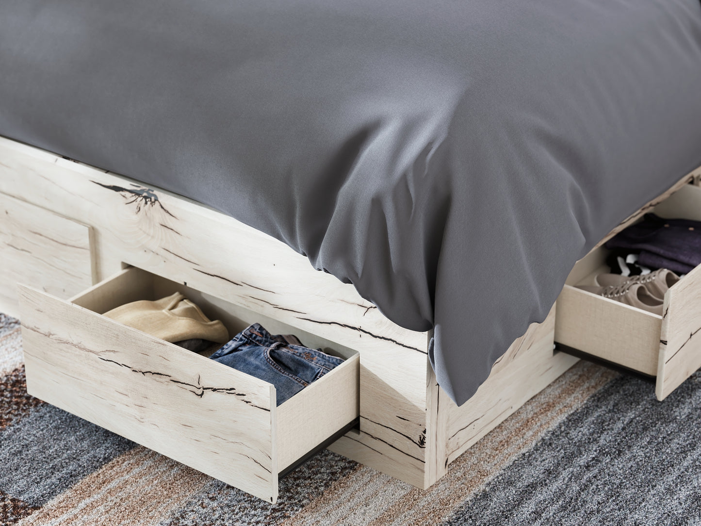 Queen Panel Storage Bed with Mirrored Dresser and Chest