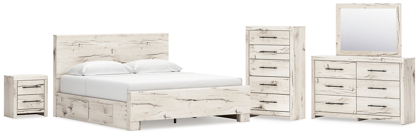 King Panel Bed with Mirrored Dresser, Chest and Nightstand