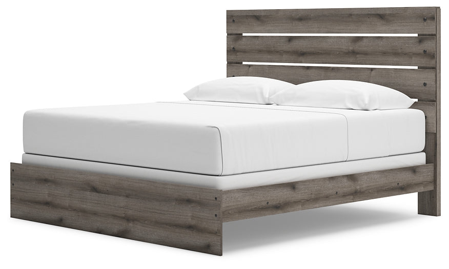 Graystorm King Panel Bed with Mirrored Dresser and Nightstand