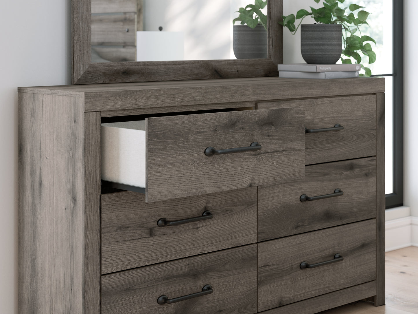 Graystorm King Panel Bed with Mirrored Dresser and Nightstand