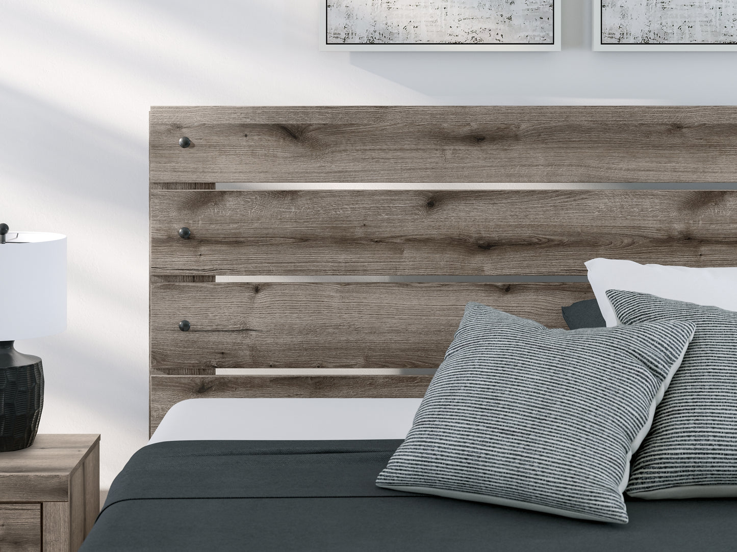 Graystorm King Panel Bed with Mirrored Dresser and Nightstand