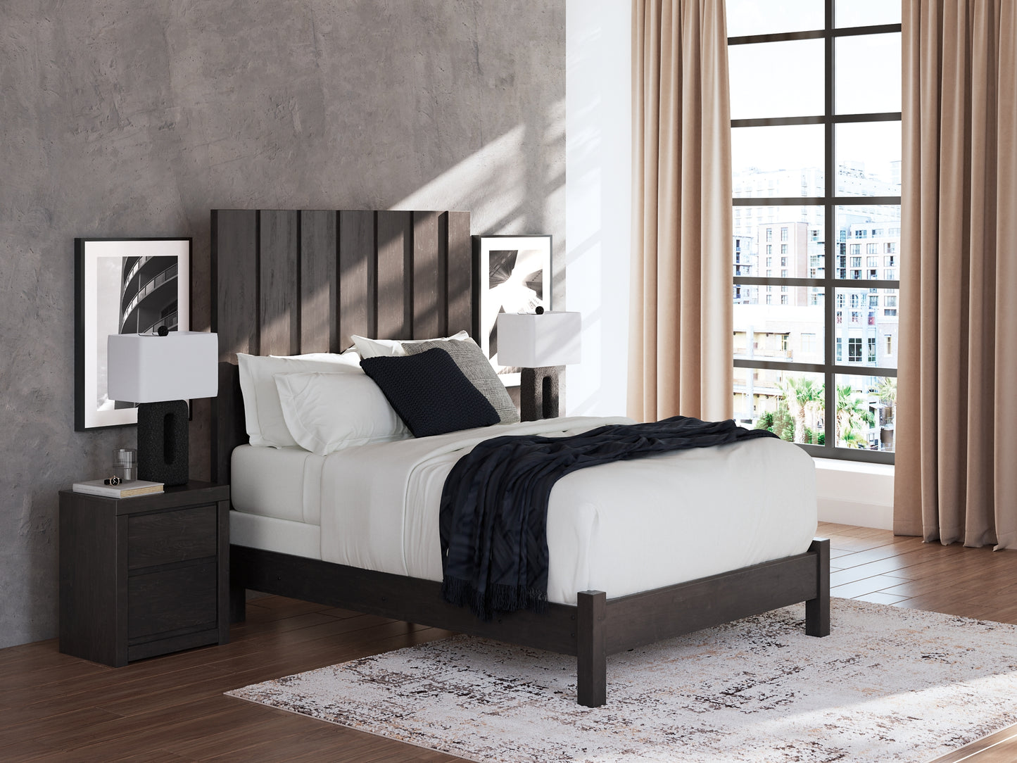 Queen Panel Bed with Mirrored Dresser and Nightstand
