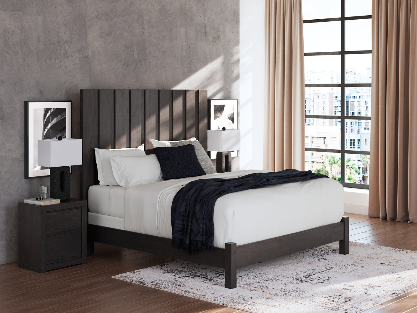 King Panel Bed with Mirrored Dresser and Chest