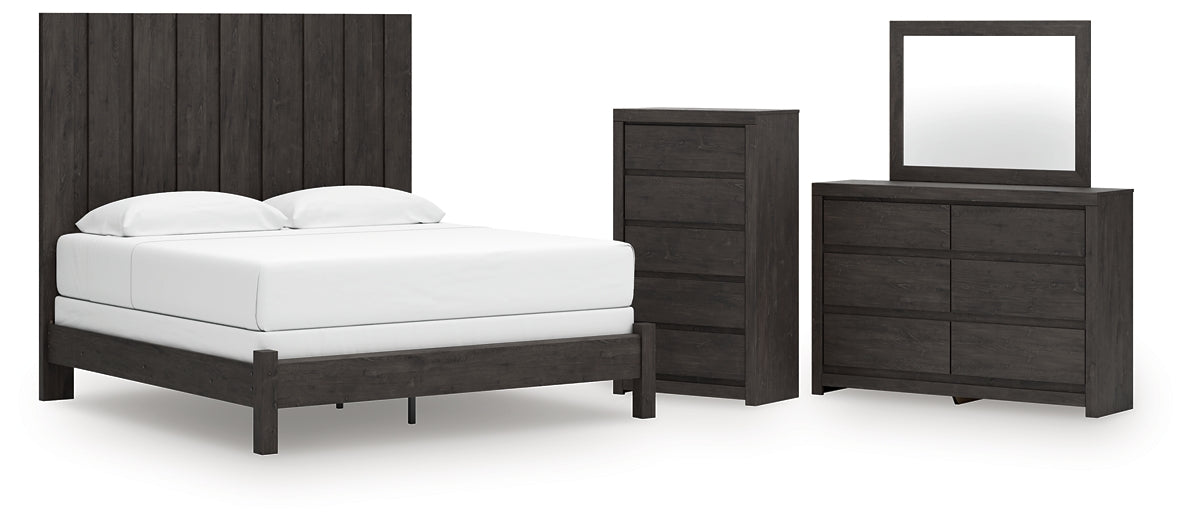 King Panel Bed with Mirrored Dresser and Chest