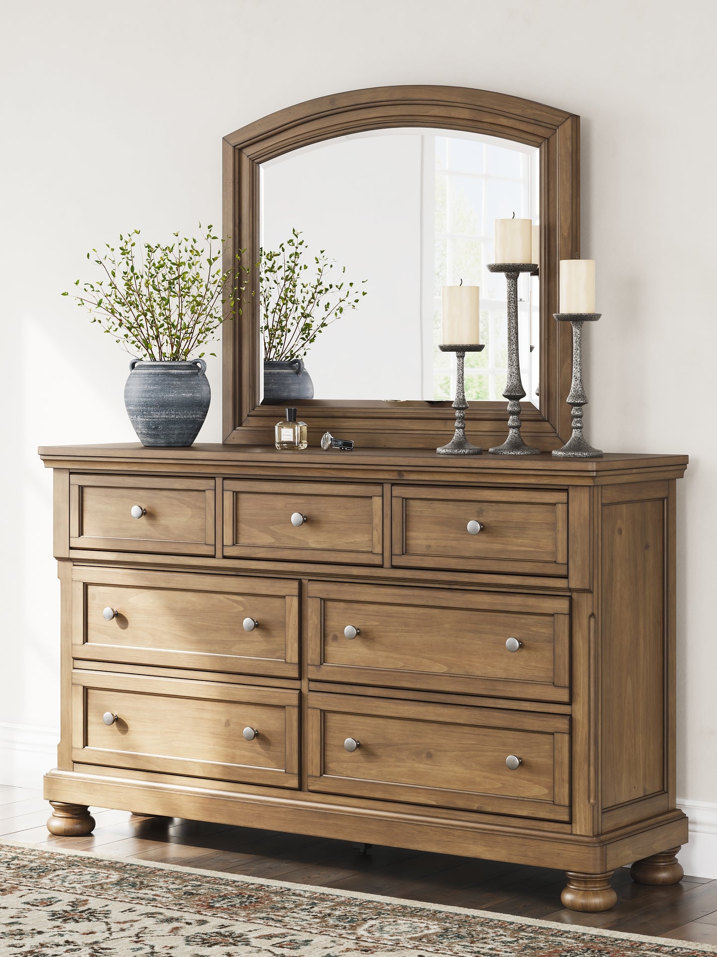 Feddinger King Storage Sleigh Bed with Mirrored Dresser and Chest