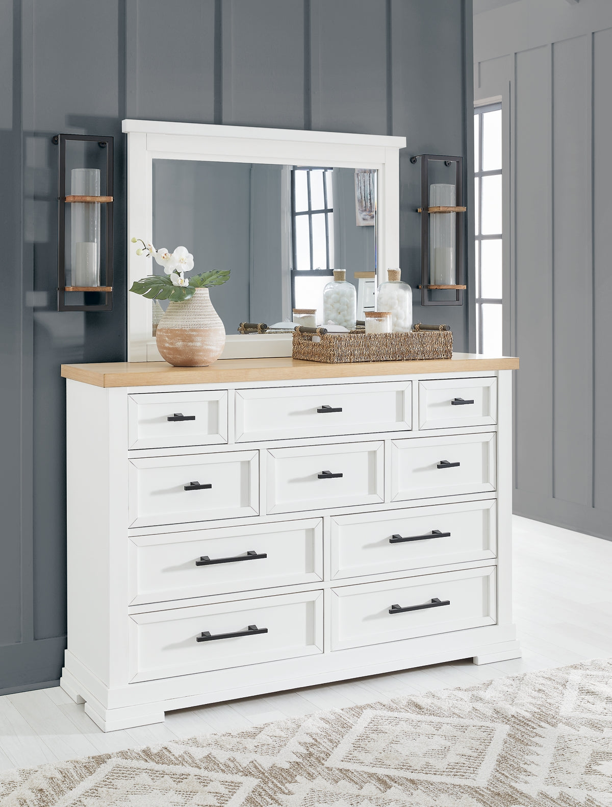 Ashbryn California King Panel Storage Bed with Mirrored Dresser