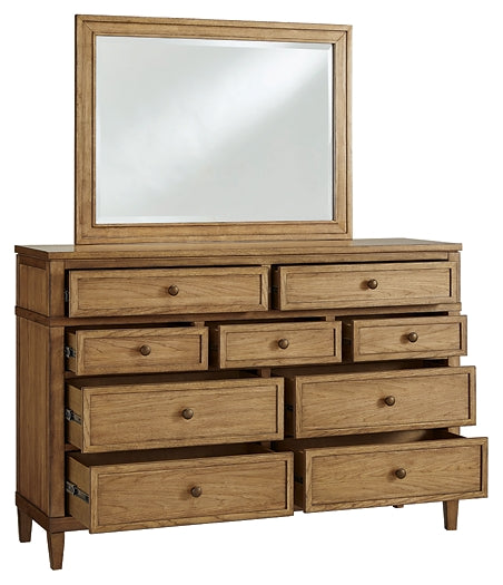 Sharlance King Upholstered Panel Bed with Mirrored Dresser and Nightstand