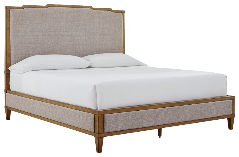 Sharlance King Upholstered Panel Bed with Mirrored Dresser and Nightstand