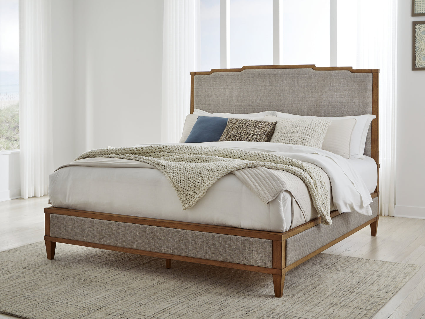 Sharlance King Upholstered Panel Bed with Mirrored Dresser and Nightstand