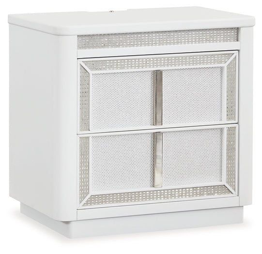Chalanna California King Upholstered Storage Bed with Mirrored Dresser and Nightstand