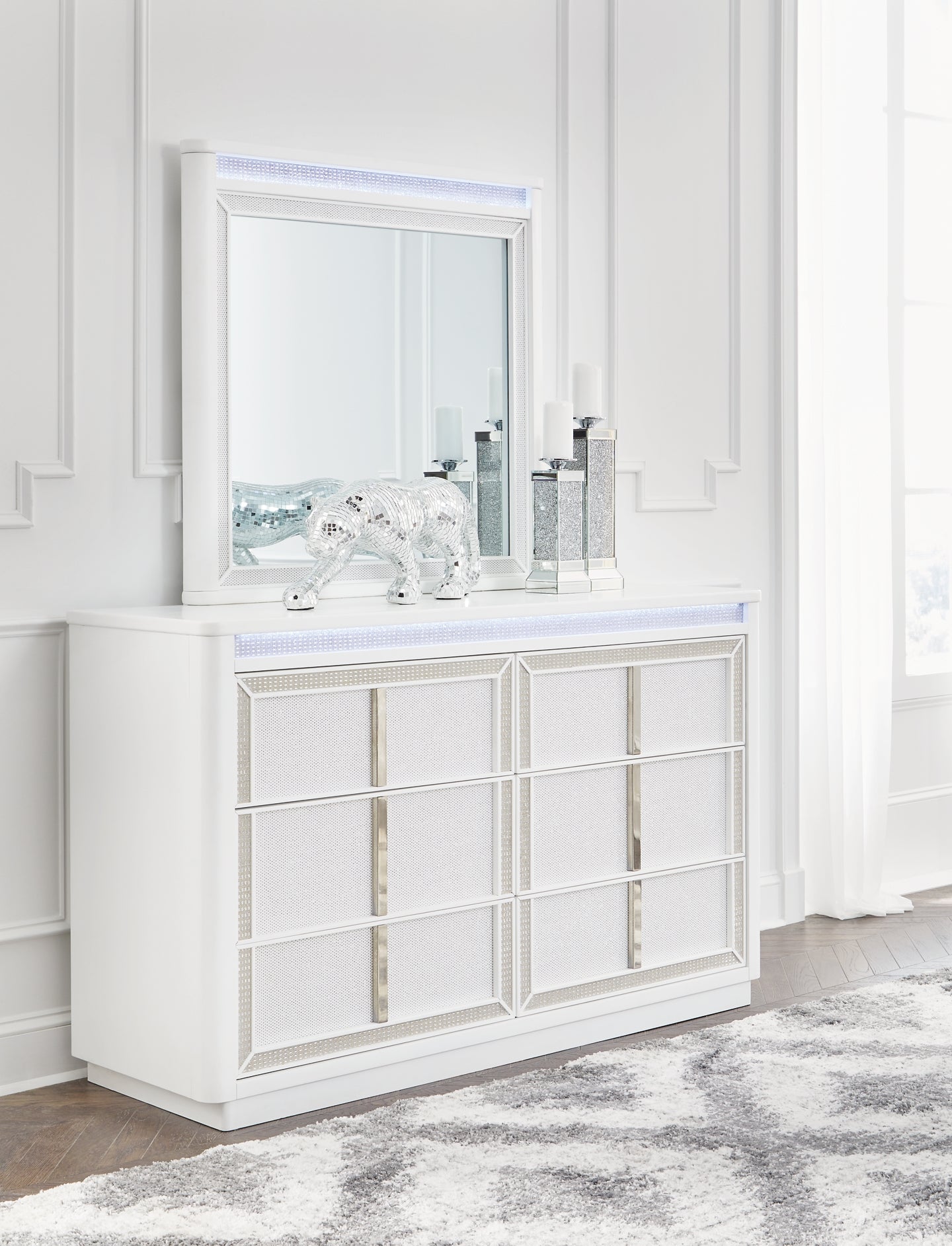 Chalanna California King Upholstered Storage Bed with Mirrored Dresser and Nightstand