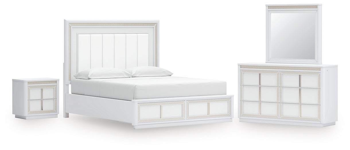 Chalanna California King Upholstered Storage Bed with Mirrored Dresser and Nightstand