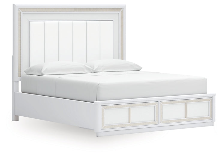 Chalanna California King Upholstered Storage Bed with Mirrored Dresser and Chest