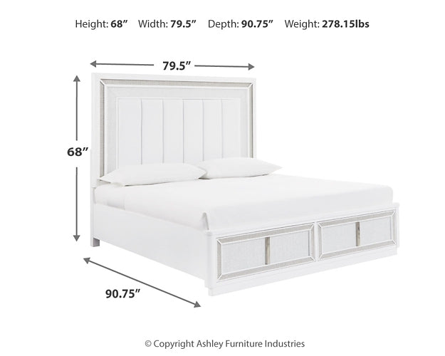 Chalanna California King Upholstered Storage Bed with Mirrored Dresser and Chest
