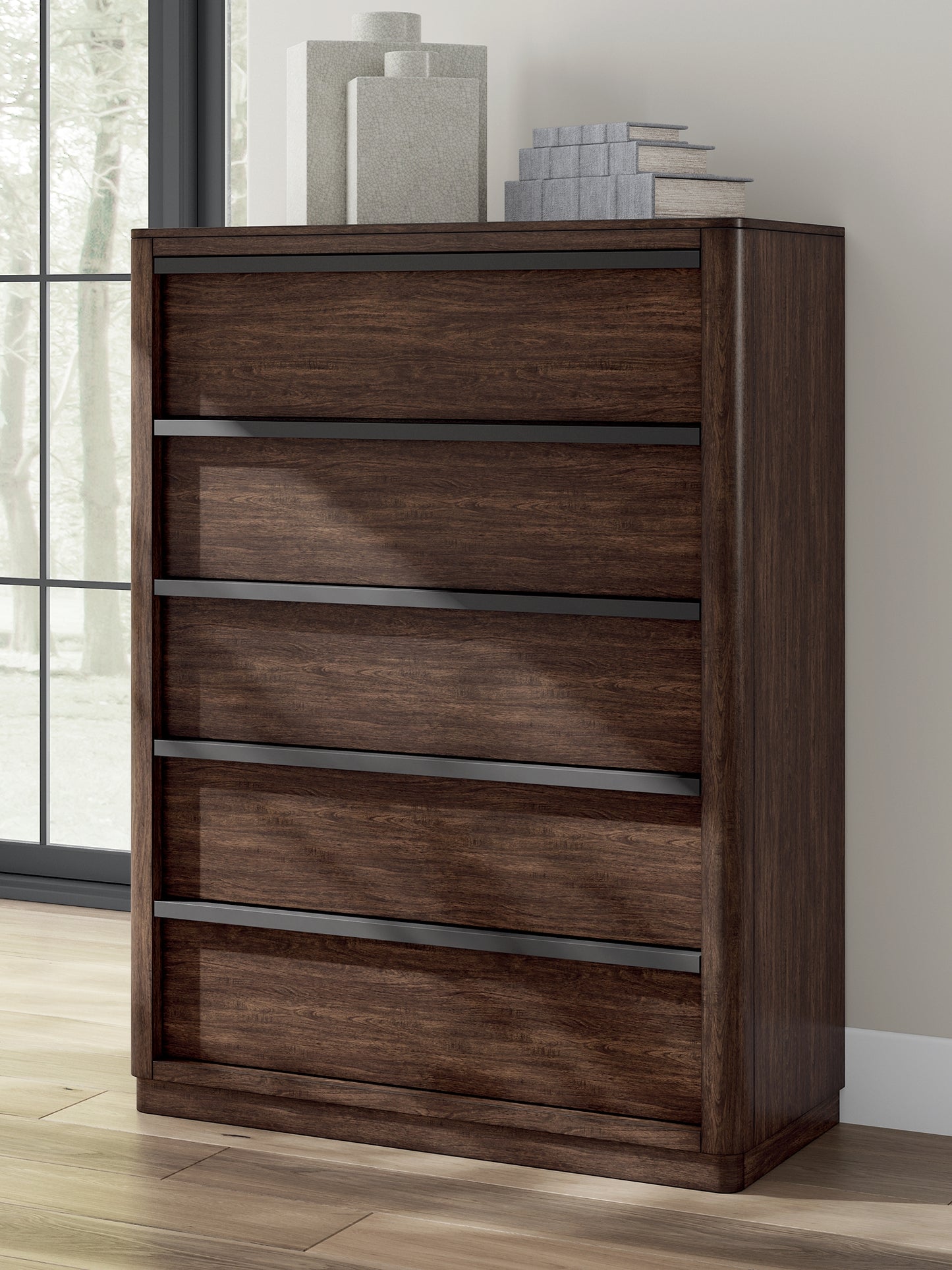 Dilenno King Canopy Bed with Mirrored Dresser, Chest and Nightstand