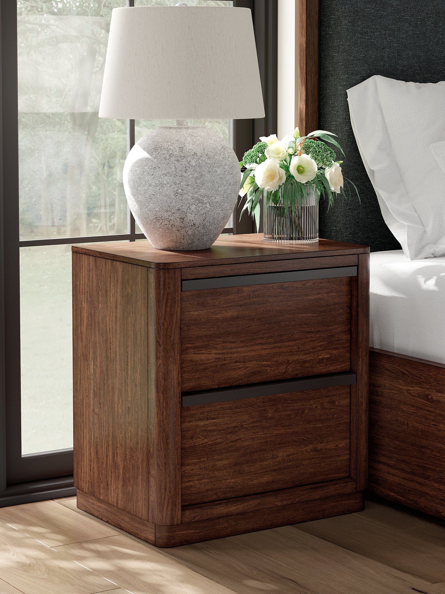 Dilenno King Canopy Bed with Mirrored Dresser, Chest and Nightstand