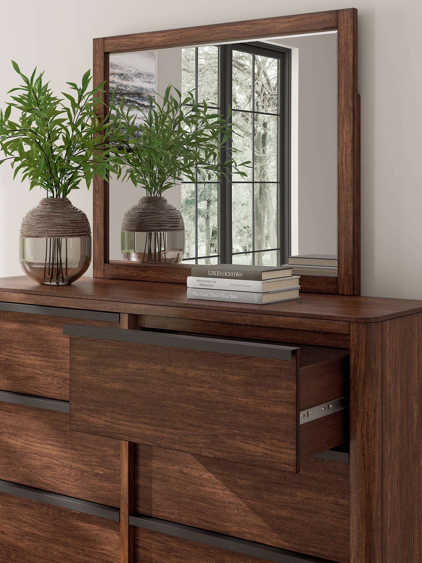 Dilenno King Canopy Bed with Mirrored Dresser and Chest