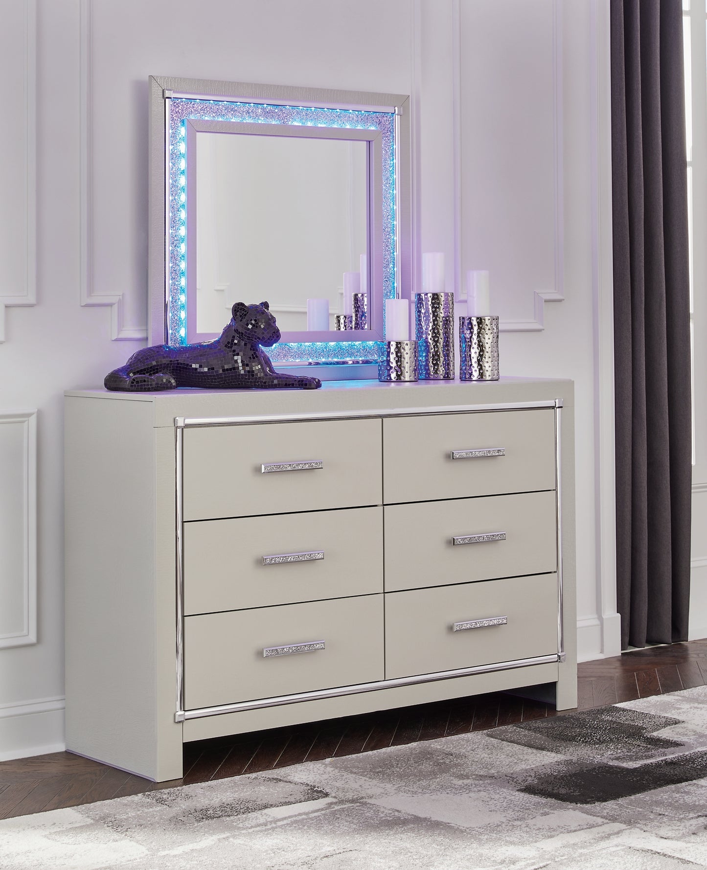 Zyniden Full Upholstered Panel Headboard with Mirrored Dresser and Chest