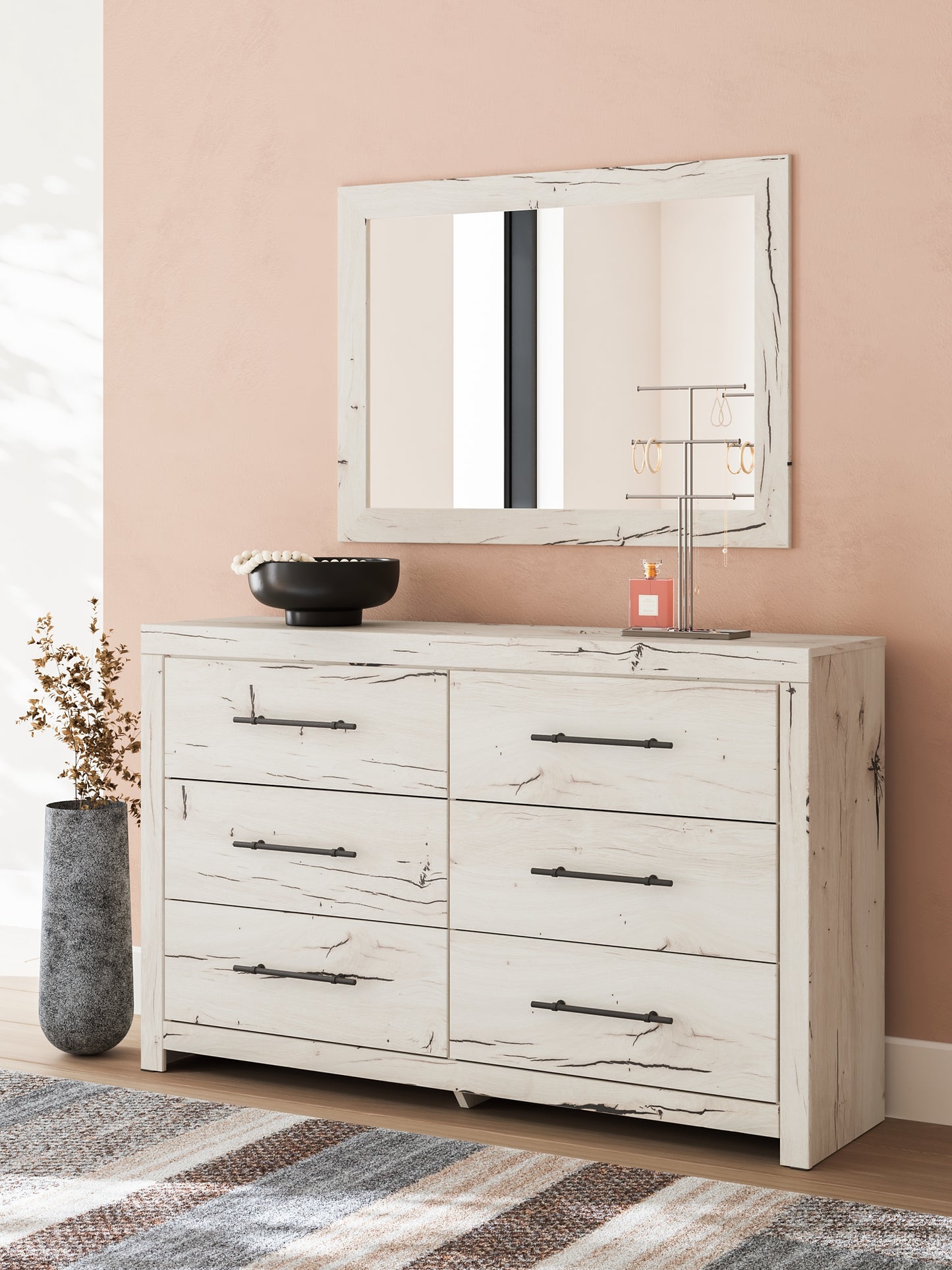 Twin Panel Headboard with Mirrored Dresser and Chest