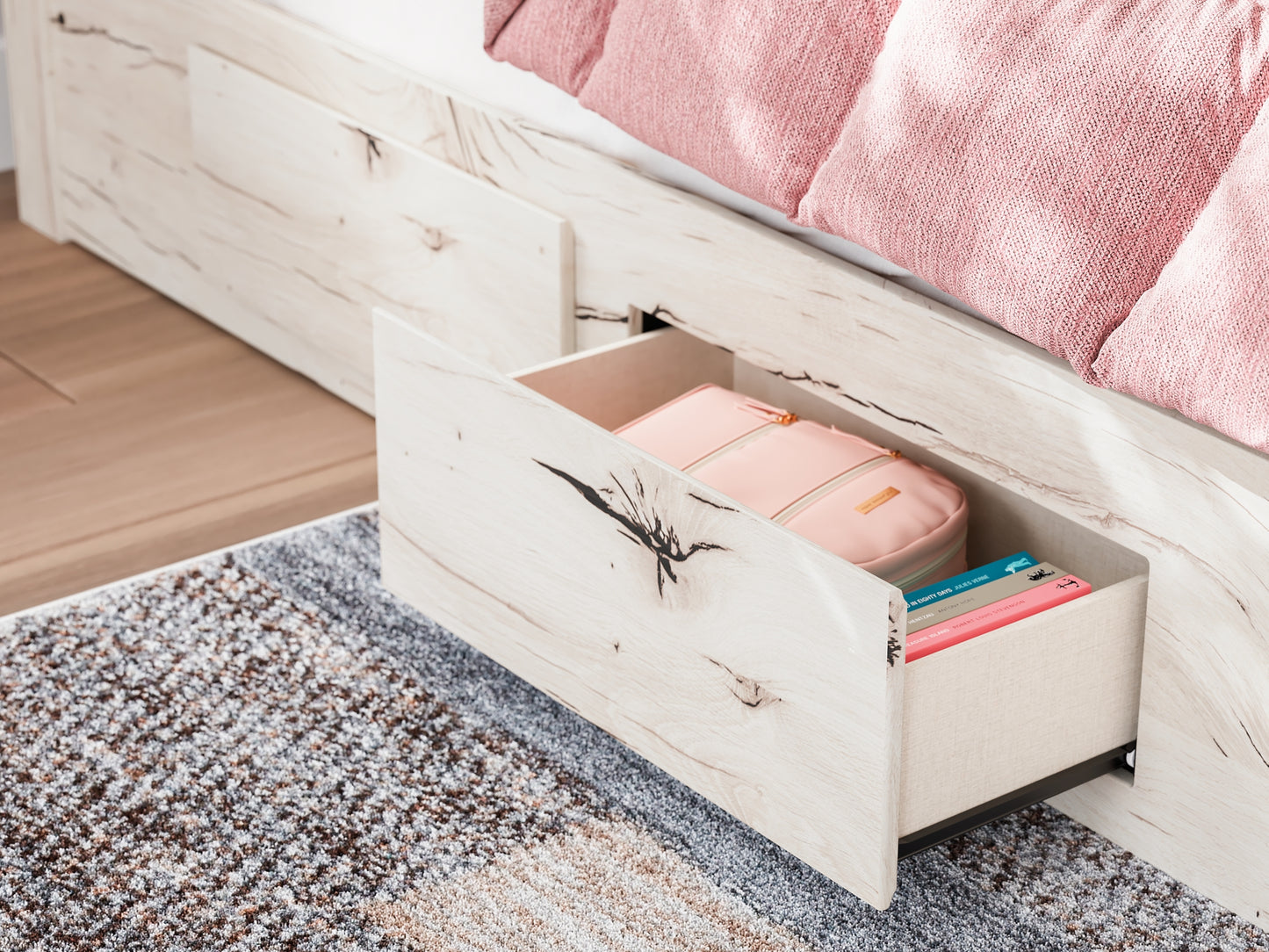 Twin Panel Bed with Storage with Mirrored Dresser and Chest