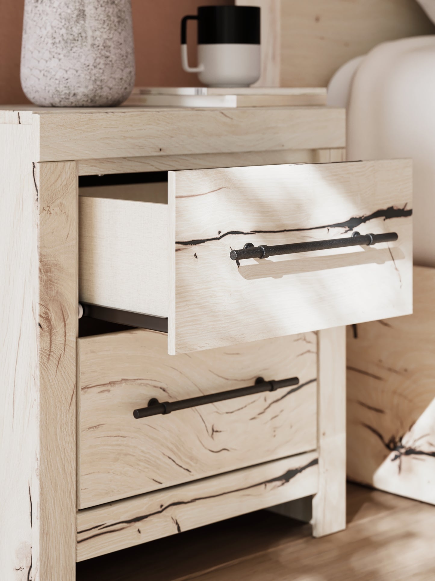 Full Panel Storage Bed with Mirrored Dresser and Chest