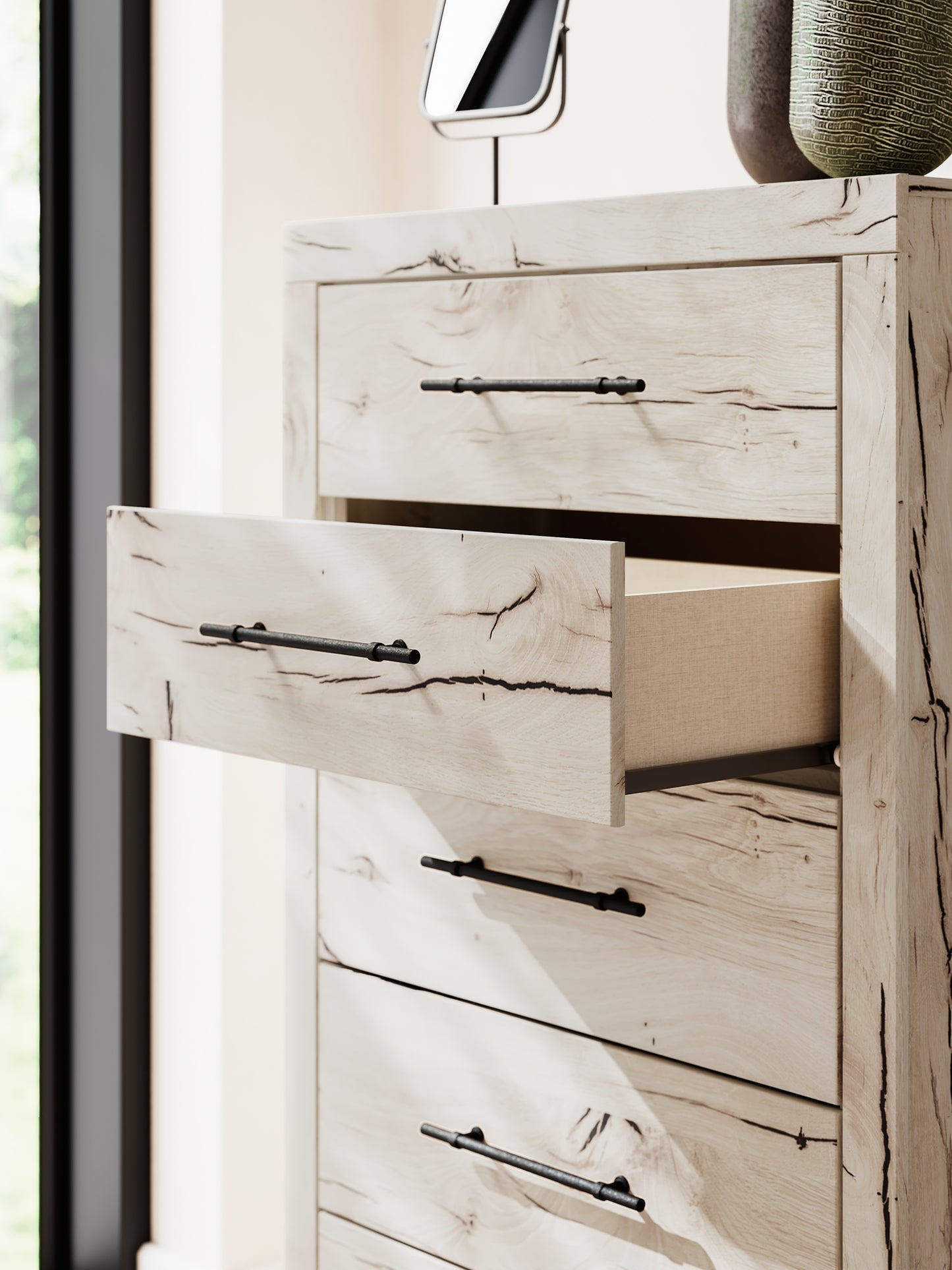 Full Panel Storage Bed with Mirrored Dresser and Chest