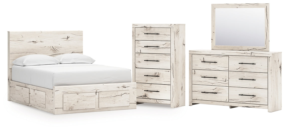 Full Panel Storage Bed with Mirrored Dresser and Chest