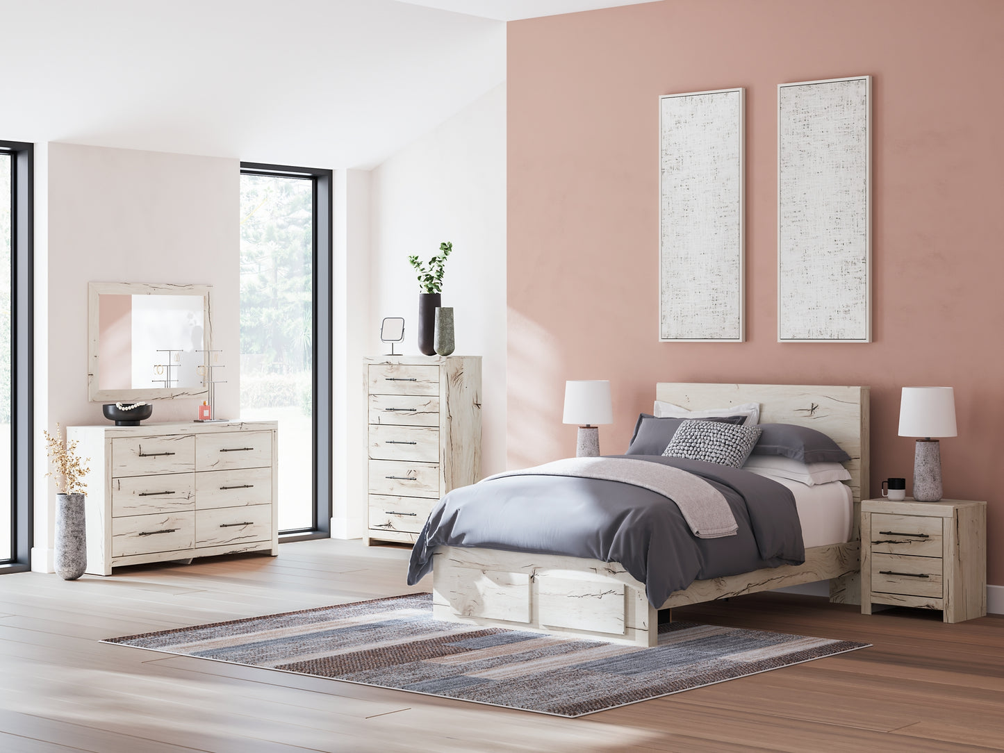 Full Panel Storage Bed with Mirrored Dresser and Chest