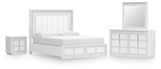 Chalanna California King Upholstered Storage Bed with Mirrored Dresser and Nightstand