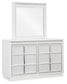 Chalanna California King Upholstered Storage Bed with Mirrored Dresser and Chest