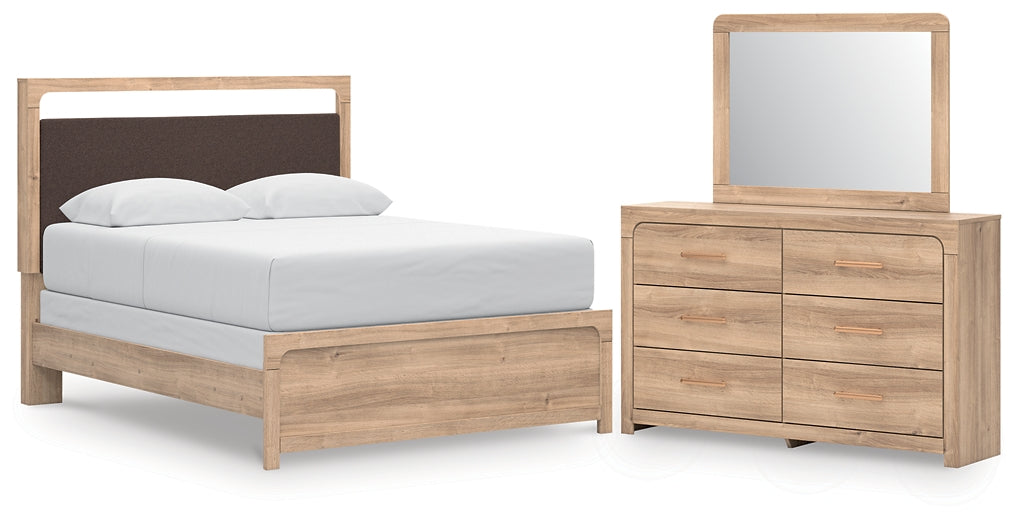 Kinlanni Queen Upholstered Panel Bed, Dresser and Mirror