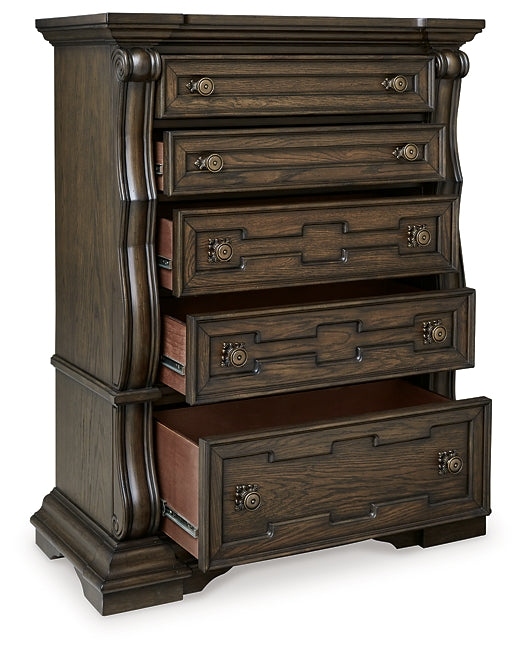 Maylee California King Canopy Bed, Dresser, Mirror, Chest and Nightstand