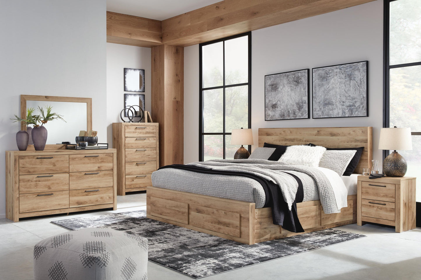 Hyanna King Panel Storage Bed with 1 Under Bed Storage Drawer, Dresser and Mirror