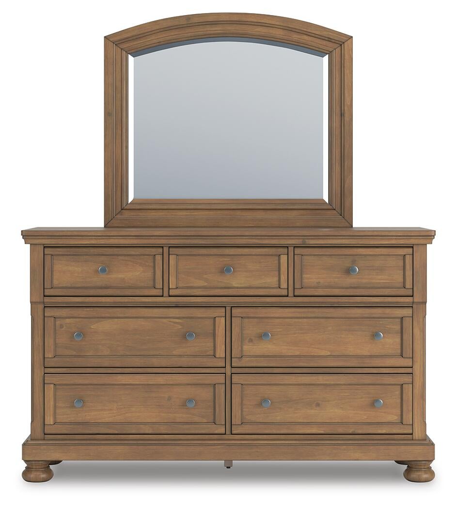 Vandenmore California King Storage Sleigh Bed with Mirrored Dresser