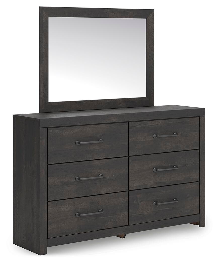 Delmorta King Panel Bed, Dresser, Mirror, Chest and Nightstand