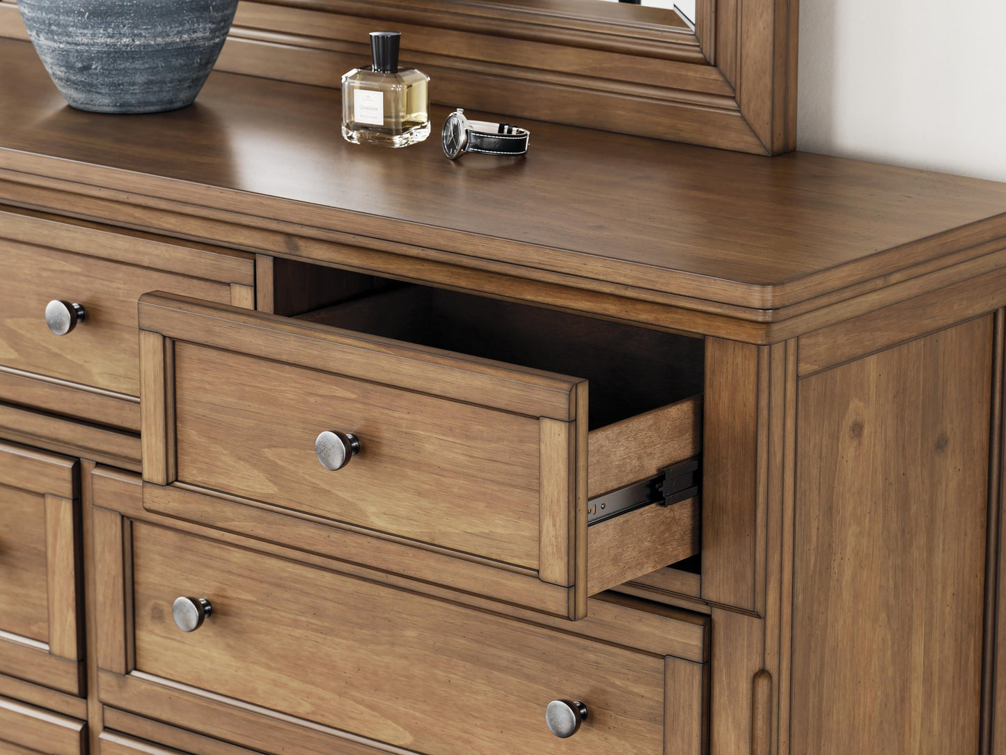 Vandenmore Queen Storage Sleigh Bed with Mirrored Dresser and Nightstand