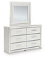 Birmonton King Upholstered Panel Platform Bed, Dresser and Mirror