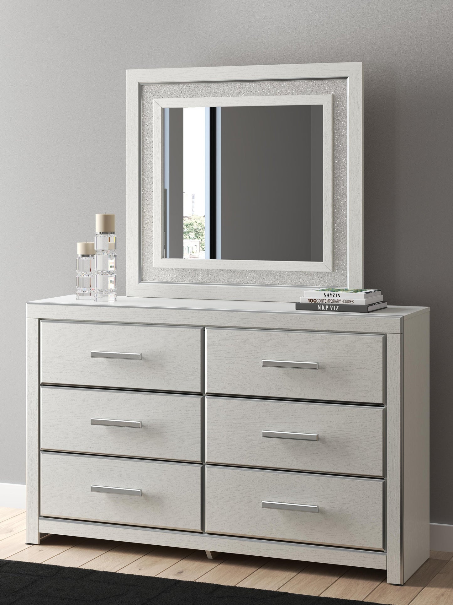 Birmonton King Upholstered Bed, Dresser, Mirror, Chest and Nightstand