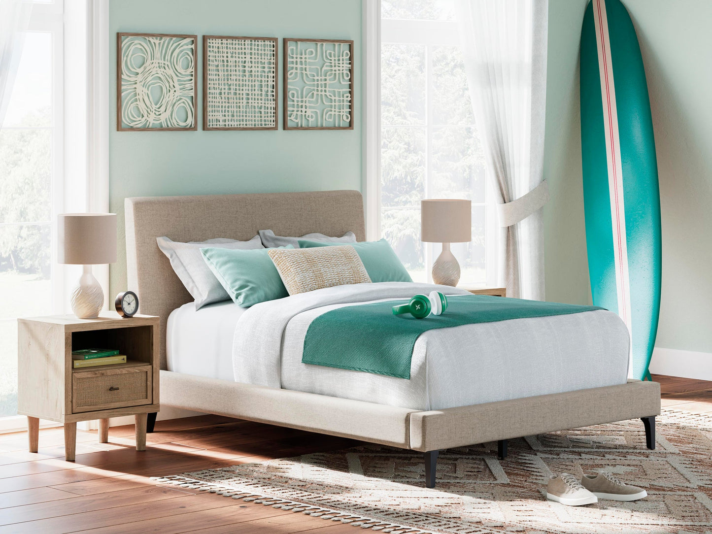 Cielden Full Upholstered Bed with Roll Slats, Dresser, Mirror and Nightstand
