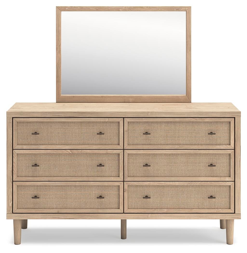 Cielden California King Upholstered Bed with Roll Slats, Dresser and Mirror