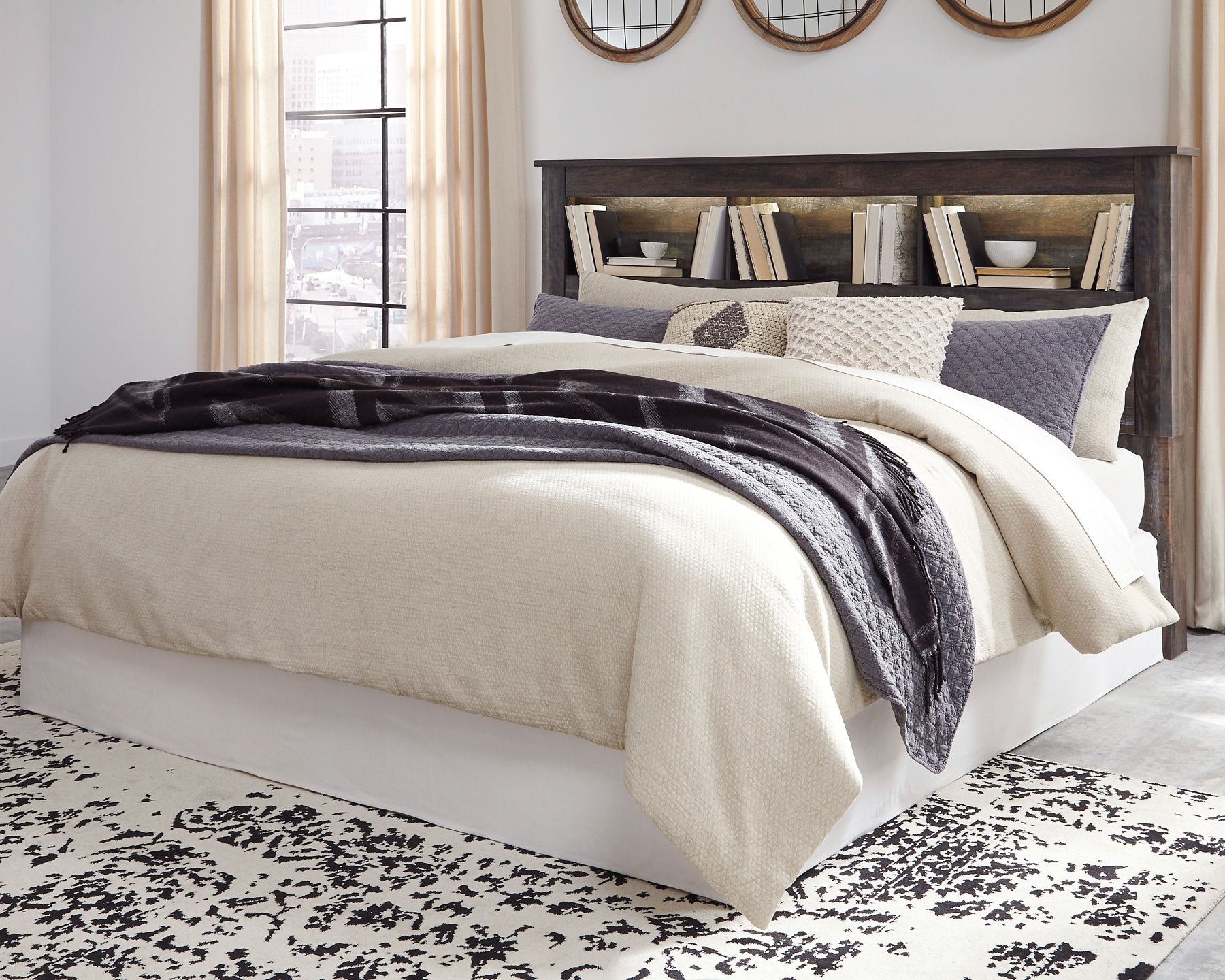 Drystan King California King Bookcase Headboard with Mirrored Dresser and 2 Nightstands