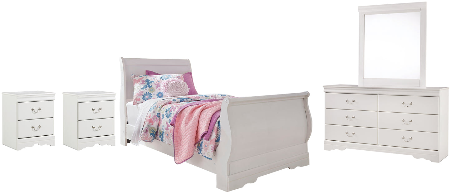 Anarasia Twin Sleigh Bed with Mirrored Dresser and 2 Nightstands